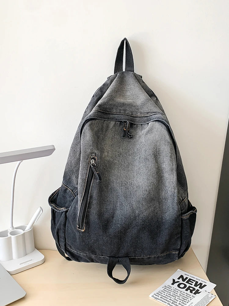 Men's and Women's Backpacks, Student School Bags, Large-Capacity Washed Denim Bags