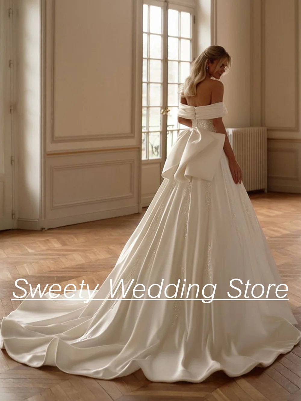 2025 Wedding Dress Vestido De Noiva Customized Boat Neck Off Shoulder Beading Applique Sweep Train Arabian Bridal Gown with Bow