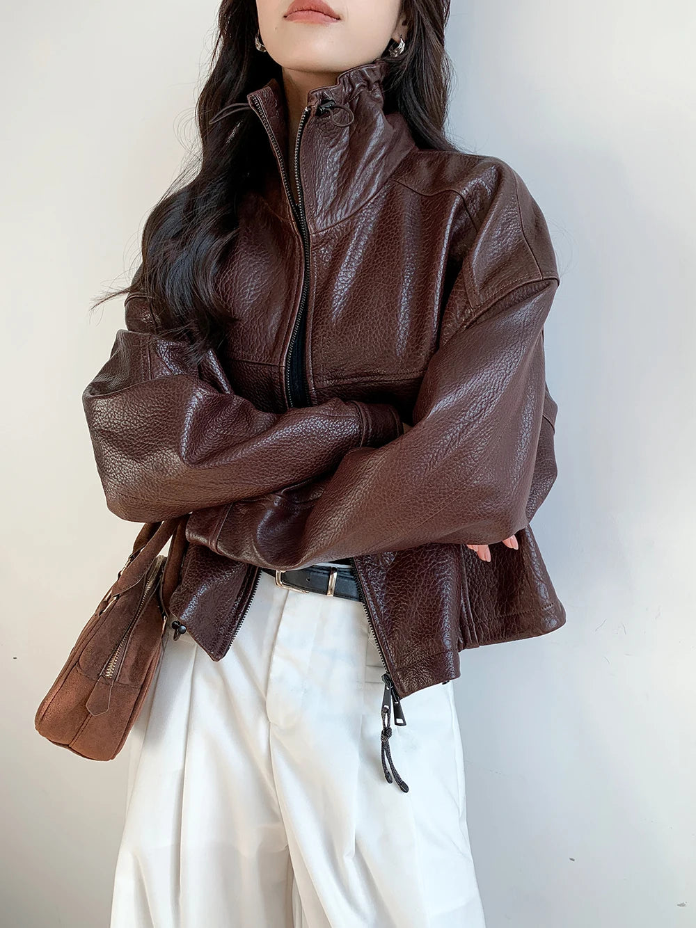 Vintage Genuine Leather Cropped Jackets for Women Spring Autumn 2025 New High-end Simple Stand Collar Bubble Real Sheepskin Coat