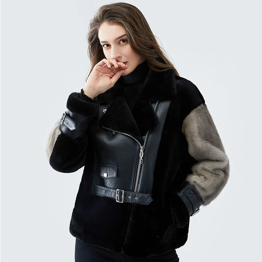 Sheepskin Coat For Women Winter Merino Fur Real Sheep Fur Jacket With Real Mink Fur Sleeve Motorcyle Female Winter Clothings