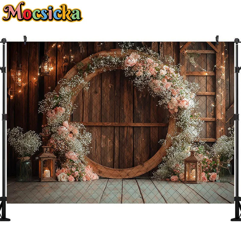 Wedding Theme Photography Background Round Wreath Wooden Wall Decoration Couple Wedding Scene Supplies Backdrop Studio Props