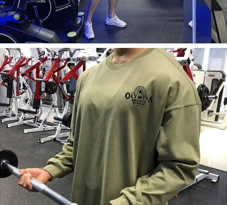 Men's Cotton Casual Long Sleeve T-shirt Man Gym Fitness Sweatshirt O-Neck Running Training Tops Male Workout Clothing Undershirt