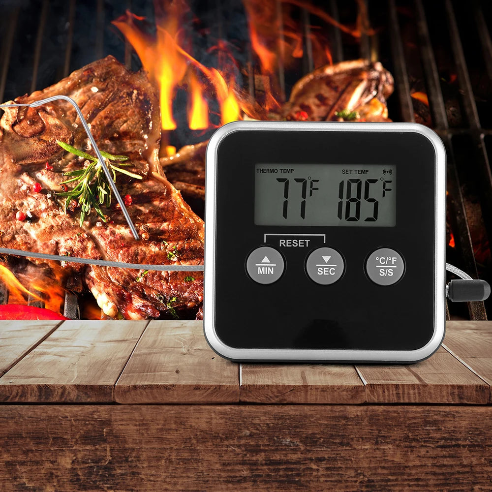 LED Digital Thermometer with Waterproof Probe BBQ Oven Temperature Inspection Instrument Timer High Temperature Alarm