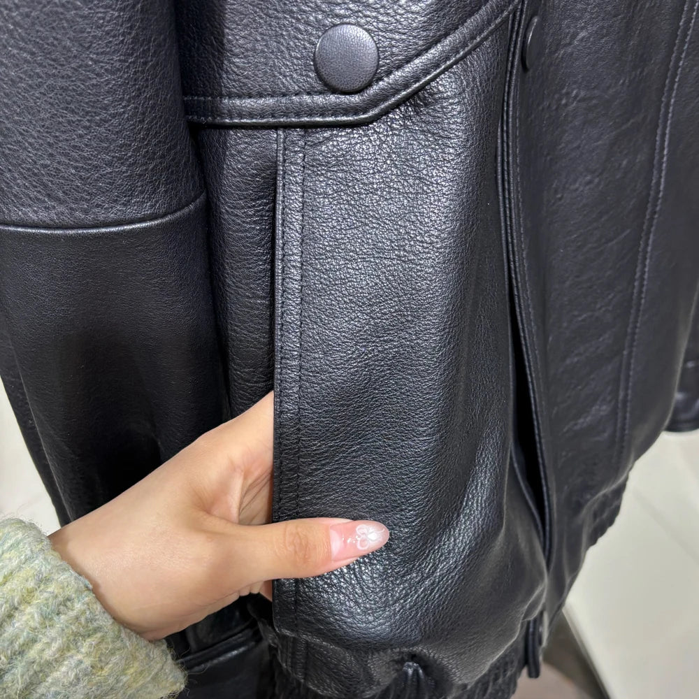 2025 Black Grained Leather Jacket Oversized Leather Coat Stand Collar Real Sheepskin Coat