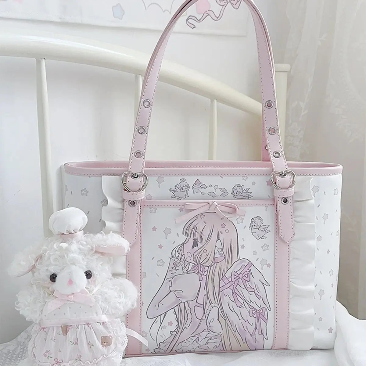Pink Tote Bag Women Large Capacity Shoulder Bags Cartoon Cute PU Leather Handbags Shopping Women's Bags
