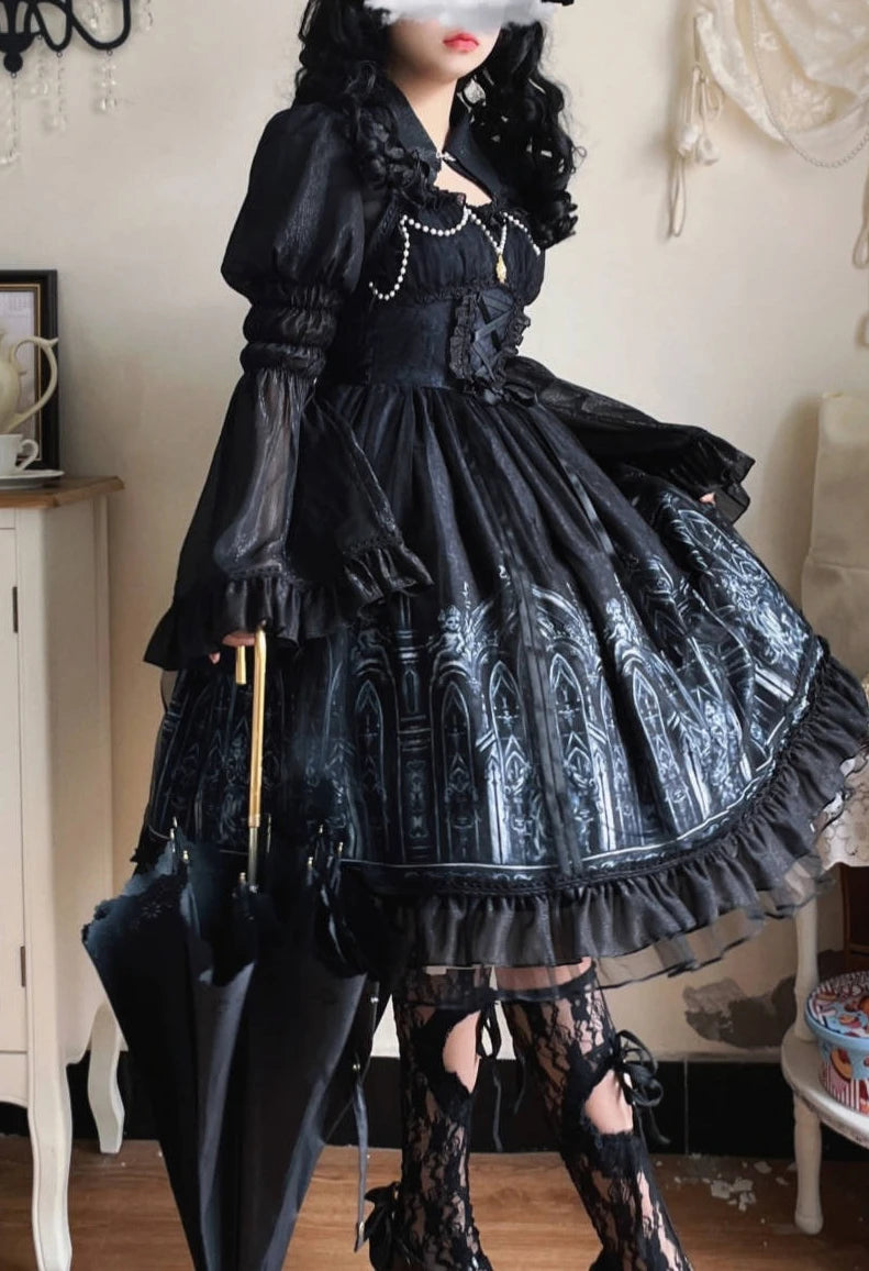 2025 Lolita Dark Gothic Style Sweet Ruffles Jsk Dress Summer Personality Girls Lace-up High Waist A-line Dress Long Sleeve Shirt