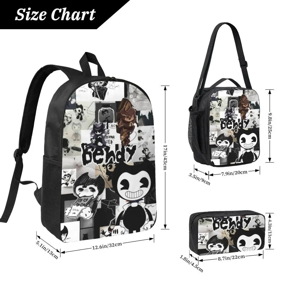 3Pcs Bendys And The Dark School bags Set for Boy Girl Pen Bags Backpack Sets with Lunch Box For School Students Knapsack