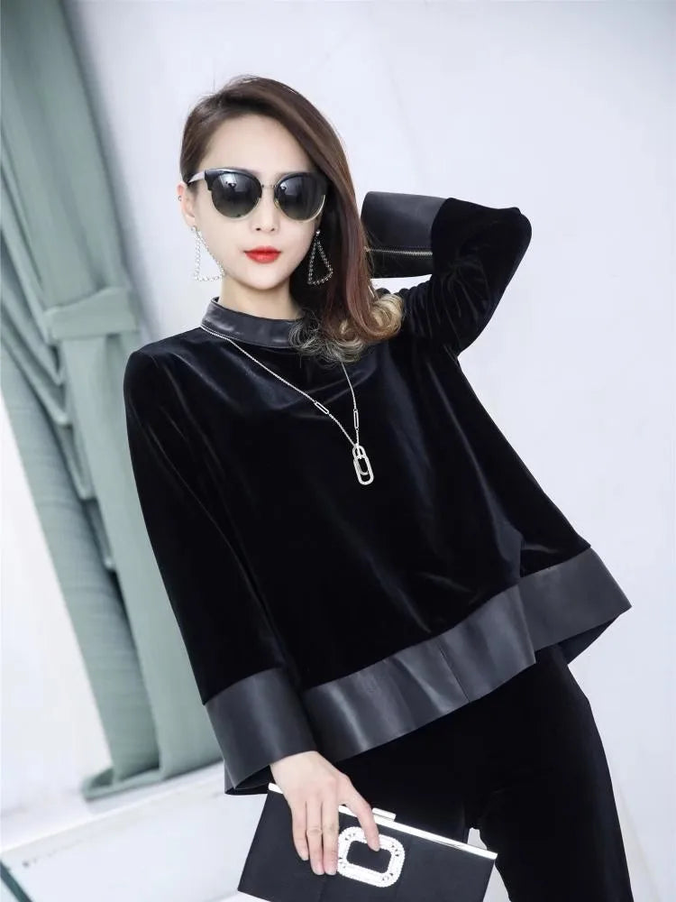 Women Autumn Velvet Patchwork Genuine Leather Tops Stand Collar Loose Fit Coat Office Ladies Casual Outwear Jacket Streetwear