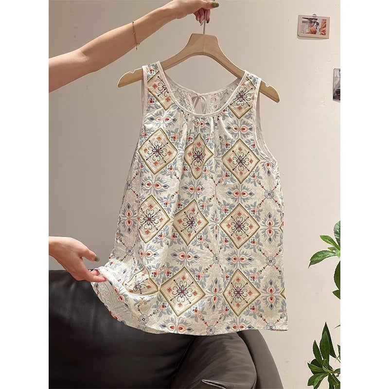 Women Clothing Summer Fashion Printing Contrasting Colors O-neck Female Trend Sexy All-match Appear Thin Sleeveless Tank Top Top