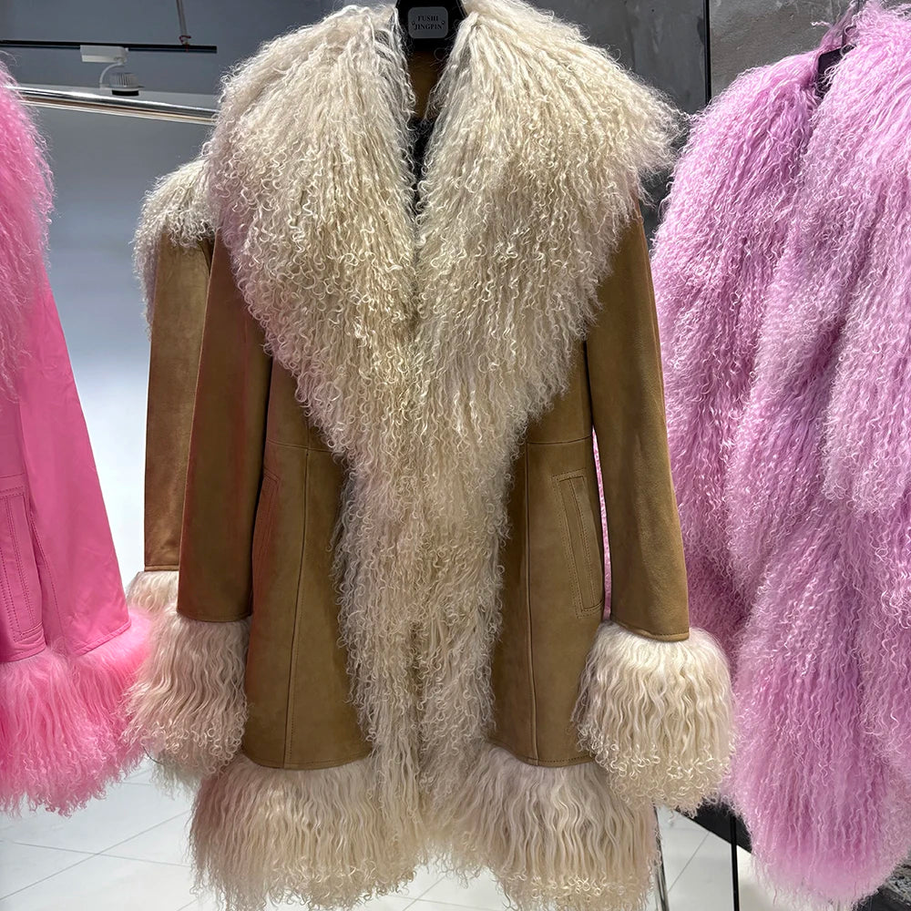 YOLOAgain Mongolia Sheep Fur Jacket Women Real Leather Coat Suede Jacket