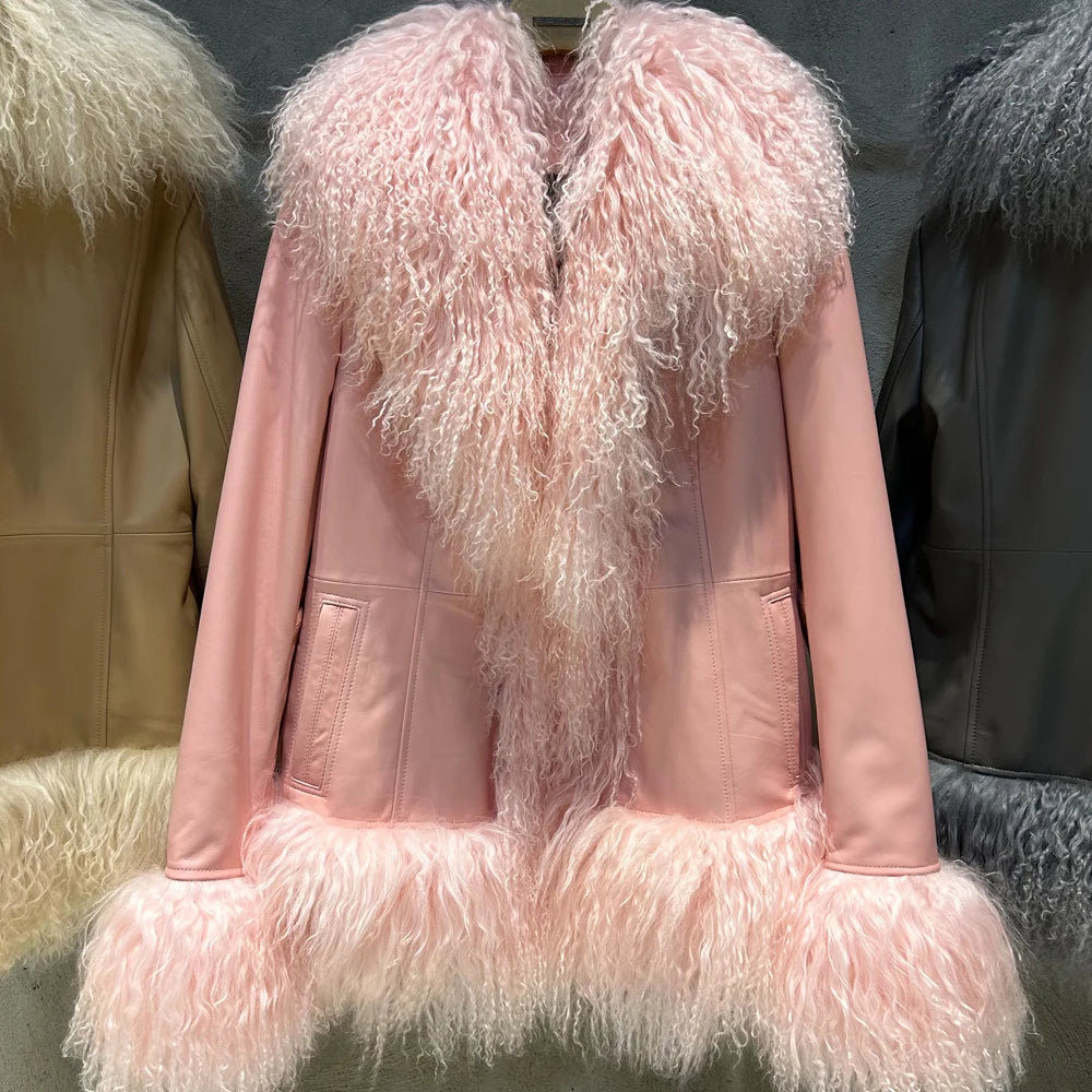 Black Suede Mongolian Sheep Fur Coat Women Fur Jacket with Long Sleeve New arrival Winter Real Fur Coat