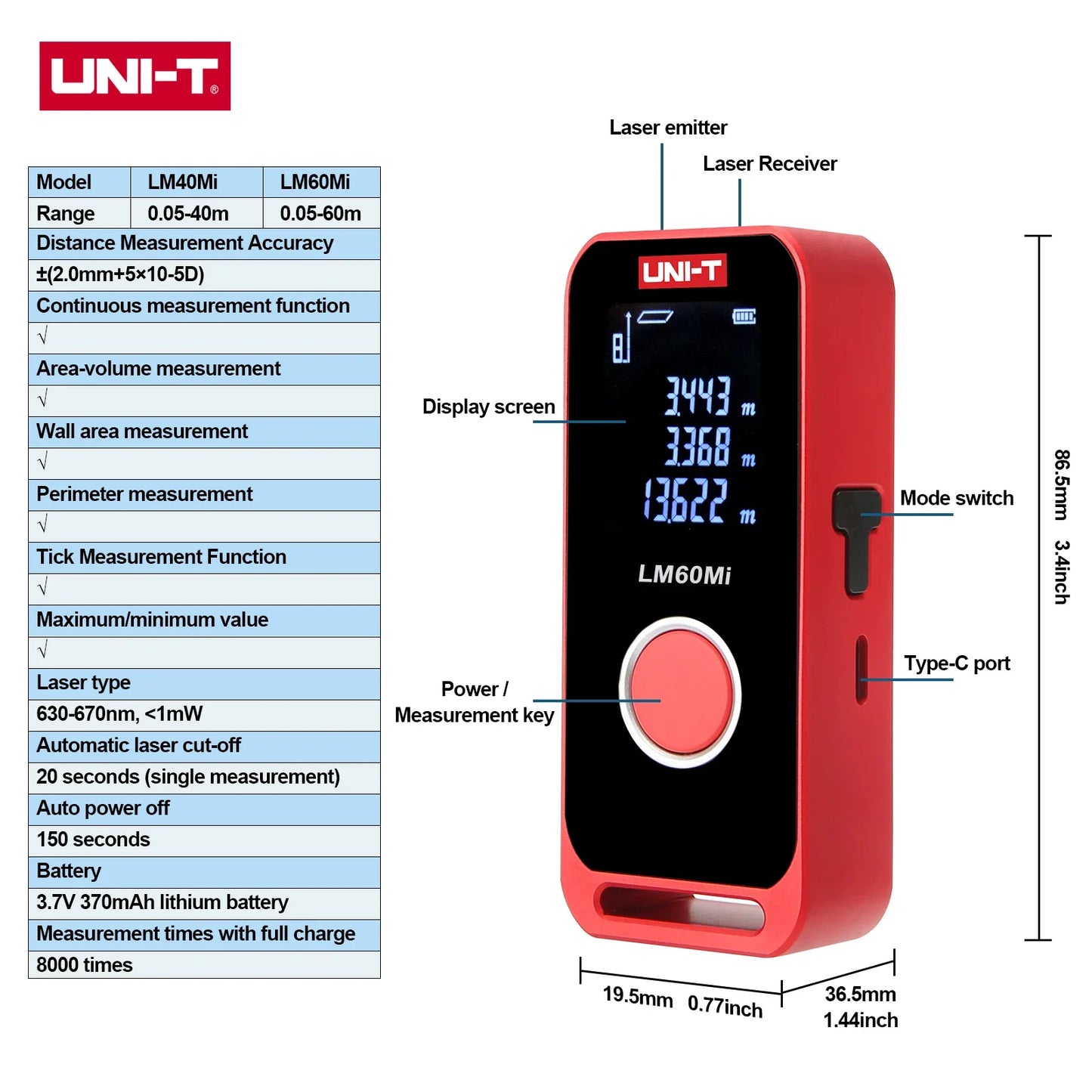 UNI-T Mini Laser Distance 40/60m Range Rechargeable 3.7V Wall Area/Volume/Circumference Measurement LM40Mi LM60Mi