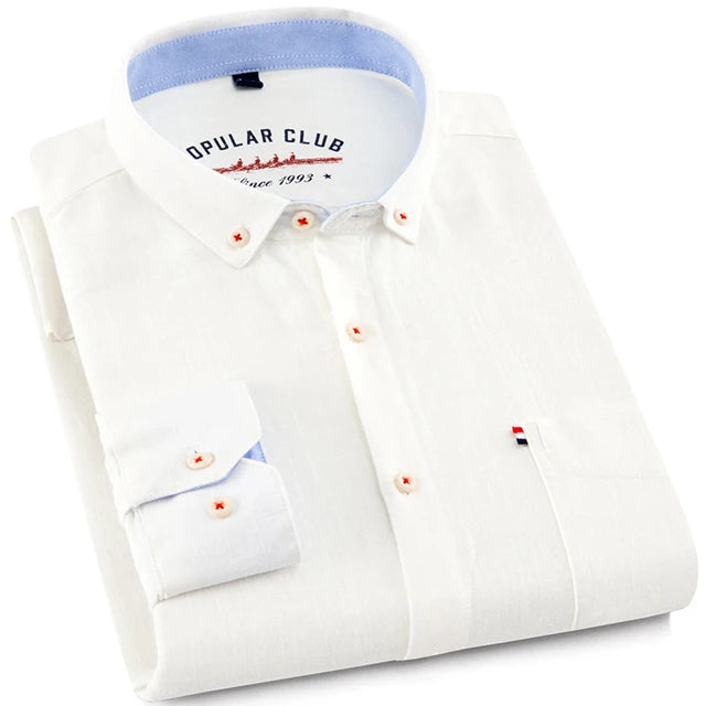 Men‘s Solid Button-Down Collar Dress Shirt - Breathable Cotton-Linen Blend - Long Sleeve, Slim-fit - Spring Summer Casual Chic