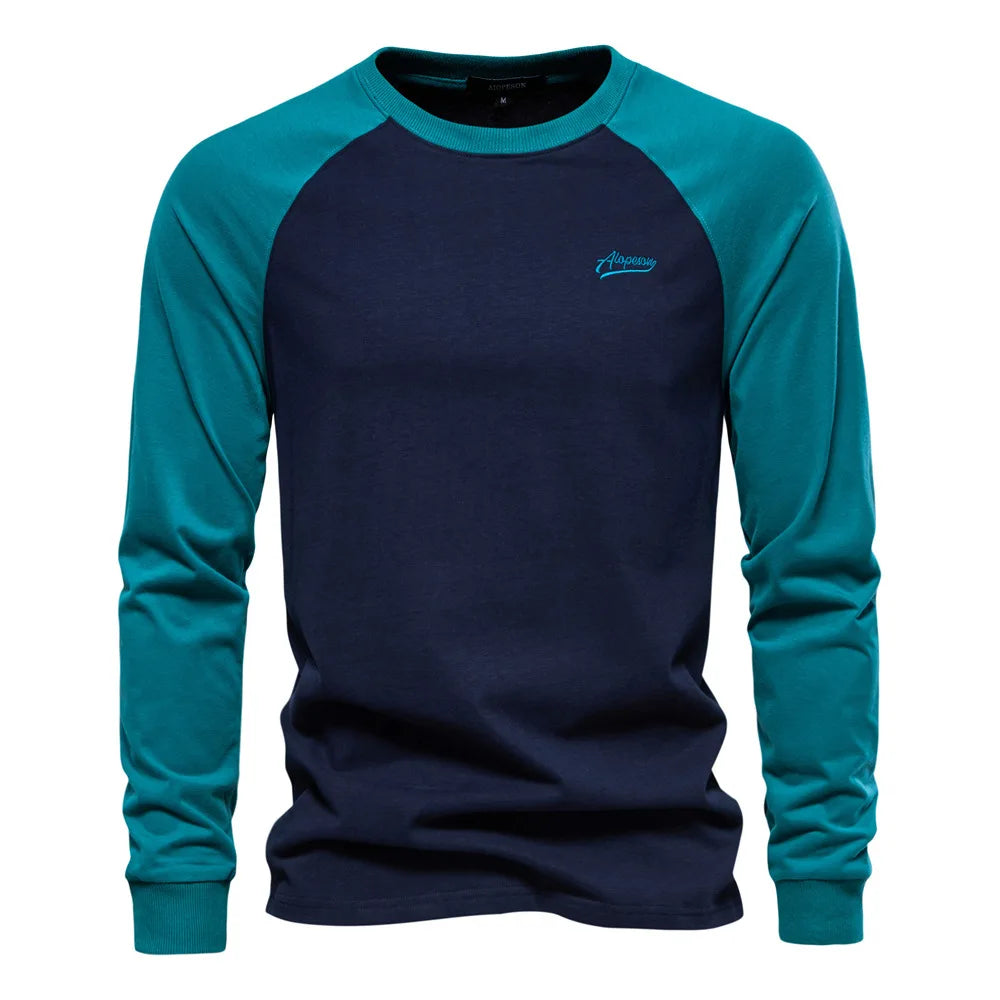 New 100% Cotton Men T-shirts Long Sleeve Splicing Tops Spring Autumn Casual Streetwear O-neck Slim Tees Men's Bottom T-shirt
