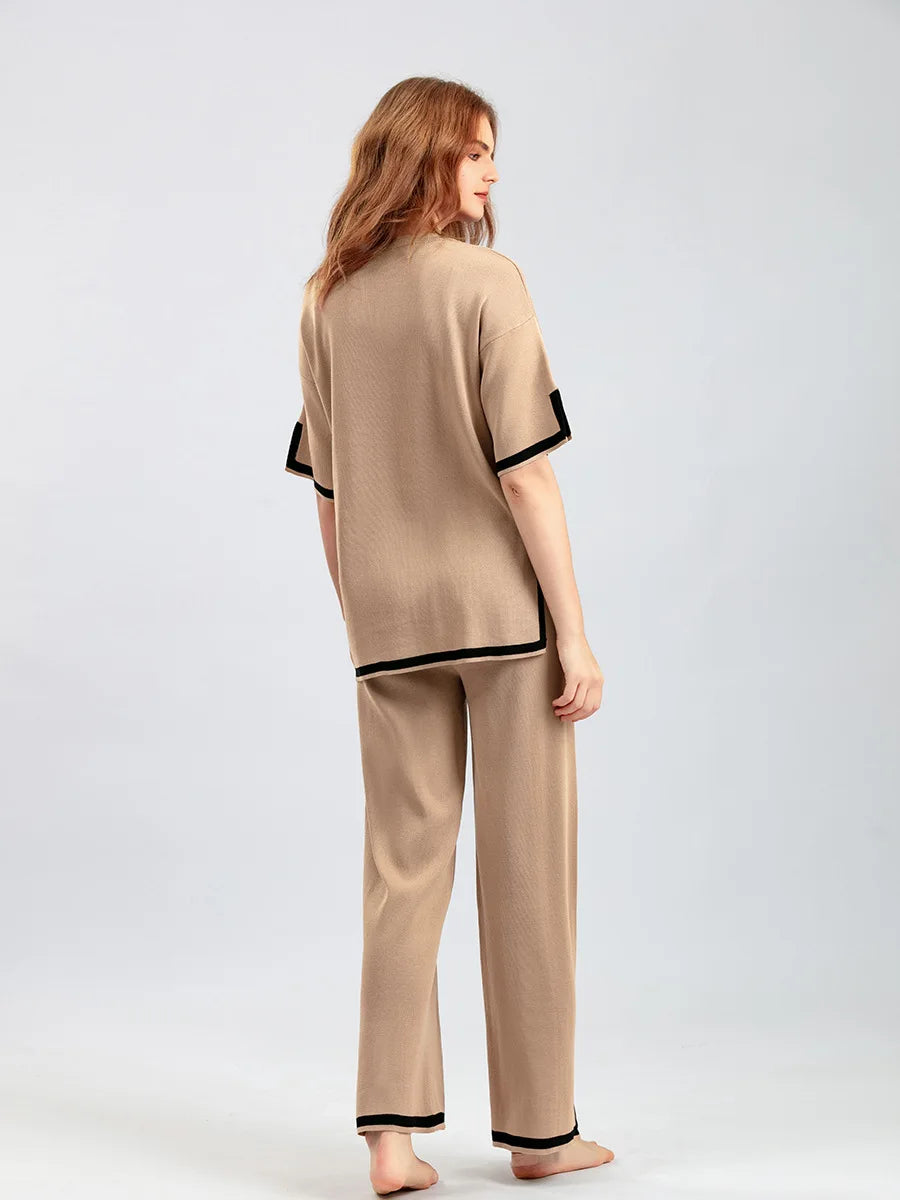Pants Set Women Two Piece Sets Short Sleeve Spring Knit Tops Loose Casual Wide Leg Long Pants High Waist Y2k Streetwear Spring