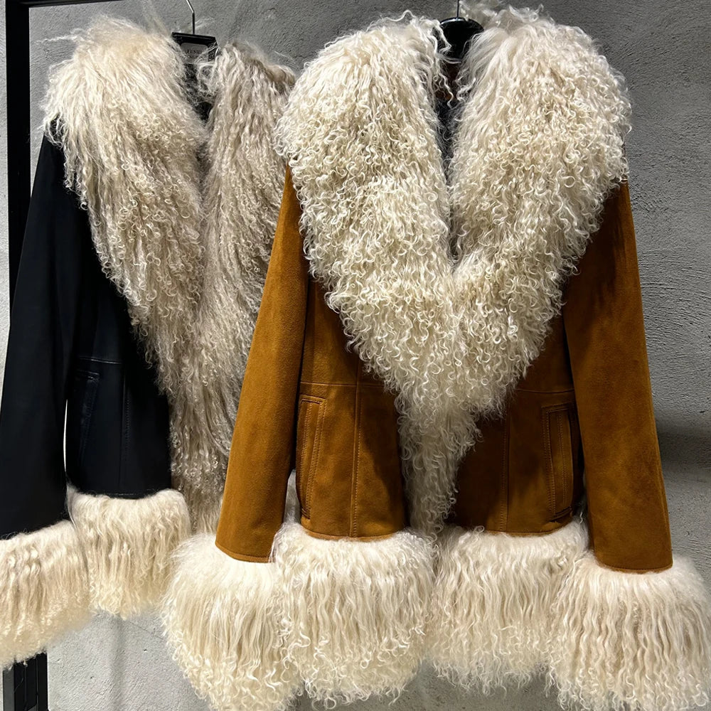 Black Suede Mongolian Sheep Fur Coat Women Fur Jacket with Long Sleeve New arrival Winter Real Fur Coat