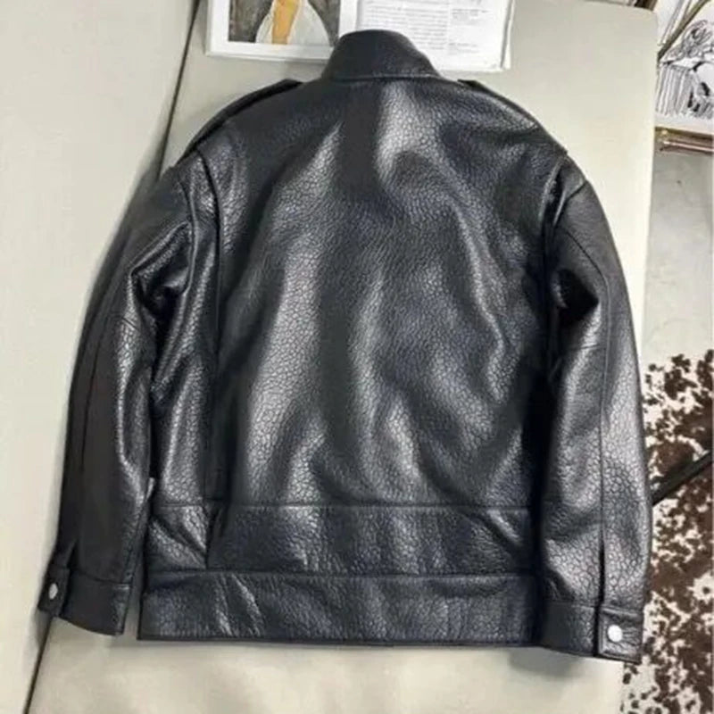 Natural Lambskin Leather Biker Jacket for Women, 100% Sheepskin Leather Coat, Long Sleeves, H104
