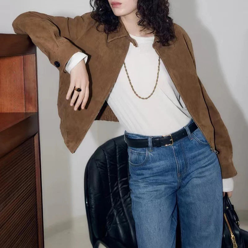 New Goatskin Suede Jacket Autumn Women Coffee Vintage Fashion Maillard Old Money Style Lapel Slim Short Genuine Leather Coat