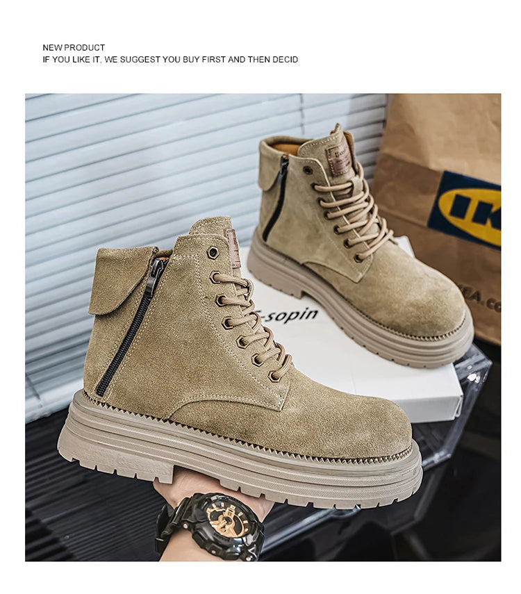 Men's high-quality suede horse boots outdoor casual leather boots thick soled English style short boots fashionable work boots