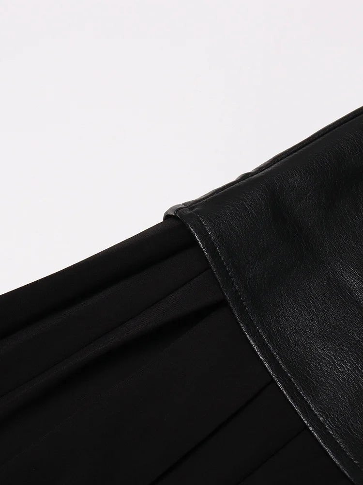 TWOTWINSTYLE Casual Patchwork Pu Skirt For Women High Waist Midi Folds Pleated Skirts Female 2022 Spring Fashion Clothing Style