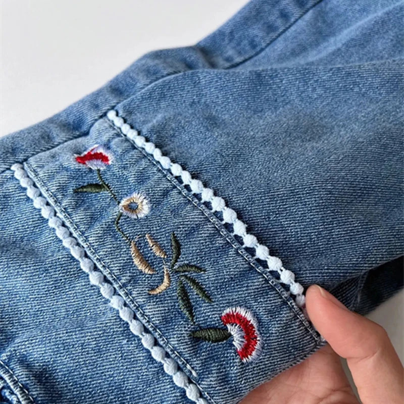 Korean Embroidered Jeans for Girls Spring and Autumn Fashion Style Trumpet Pants Children Clothing Stylish Kids Denim Trousers