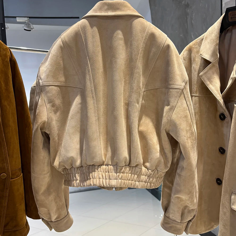 YOLOAgain 2025 Autumn Oversized Suede Jacket Women Real Leather Bomber Jacket Female