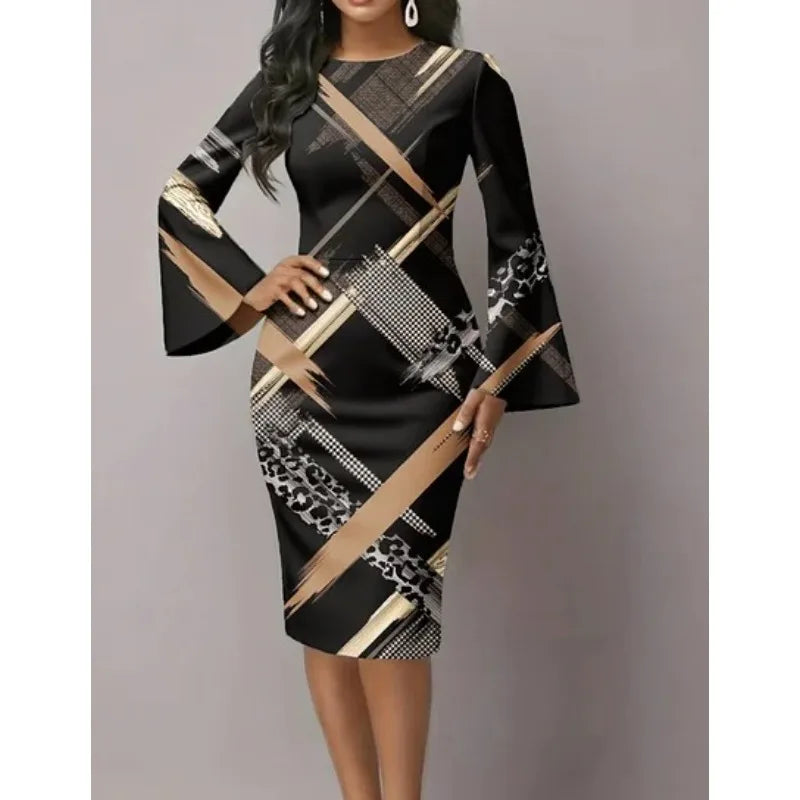 Elegant Night Out Dress Black White Graphic Print Bodycon Midi Dress with Dramatic Flare Sleeves Modern Dress for City Night Out