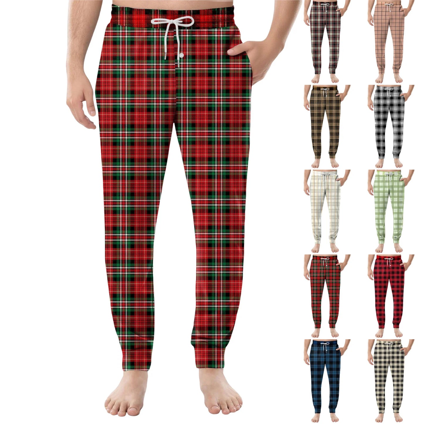 Men'S Plaid Casual Pants Checkered Pattern Cuffed Design Comfortable Fabric Suitable Daily Wear All Seasons Trendy Pajama Pants