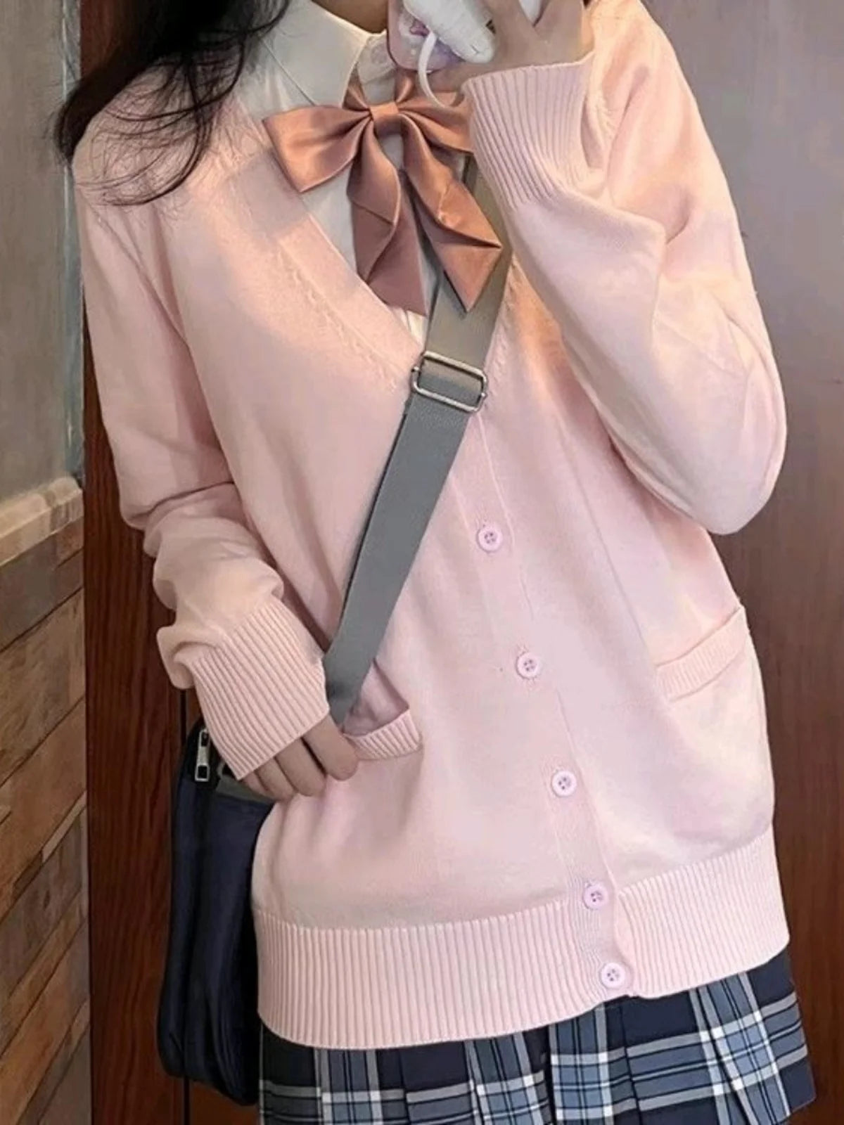 Loose Long Sve Knitted Pink Sweater Jk School orm Sle Women's Open Cardigan Coat Autumn Season Sweet Sle V Ne