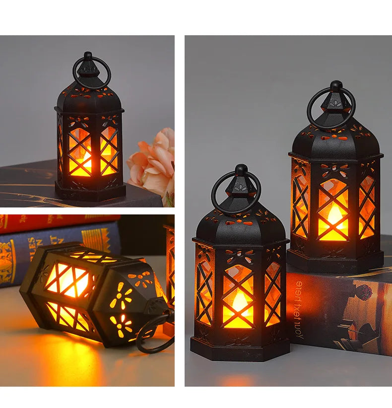 European Ramadan Lamp Mini Plastic Hexagonal Wind Lamp Led Electronic Candlelight Holiday Decoration Christmas Halloween Retro