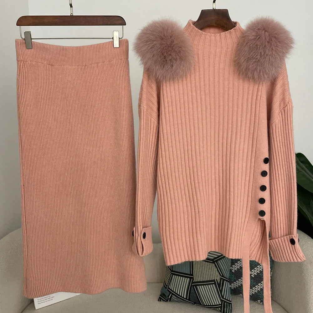 Sweater Set Warm suit Women Winter Knitted Suits two Piece Set Natural fox fur collar Sweater + Loose Trousers Office Lady Suit