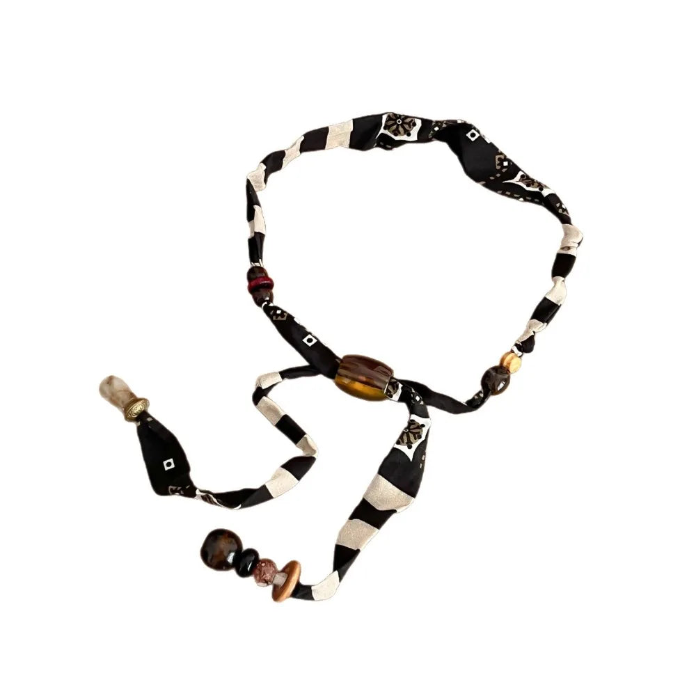 Strip Cloth Chain Necklace Multicolor Ethnic Style Wood Bead Necklace Jewelry Accessories Clavicle Chain Bohemian Choker Male