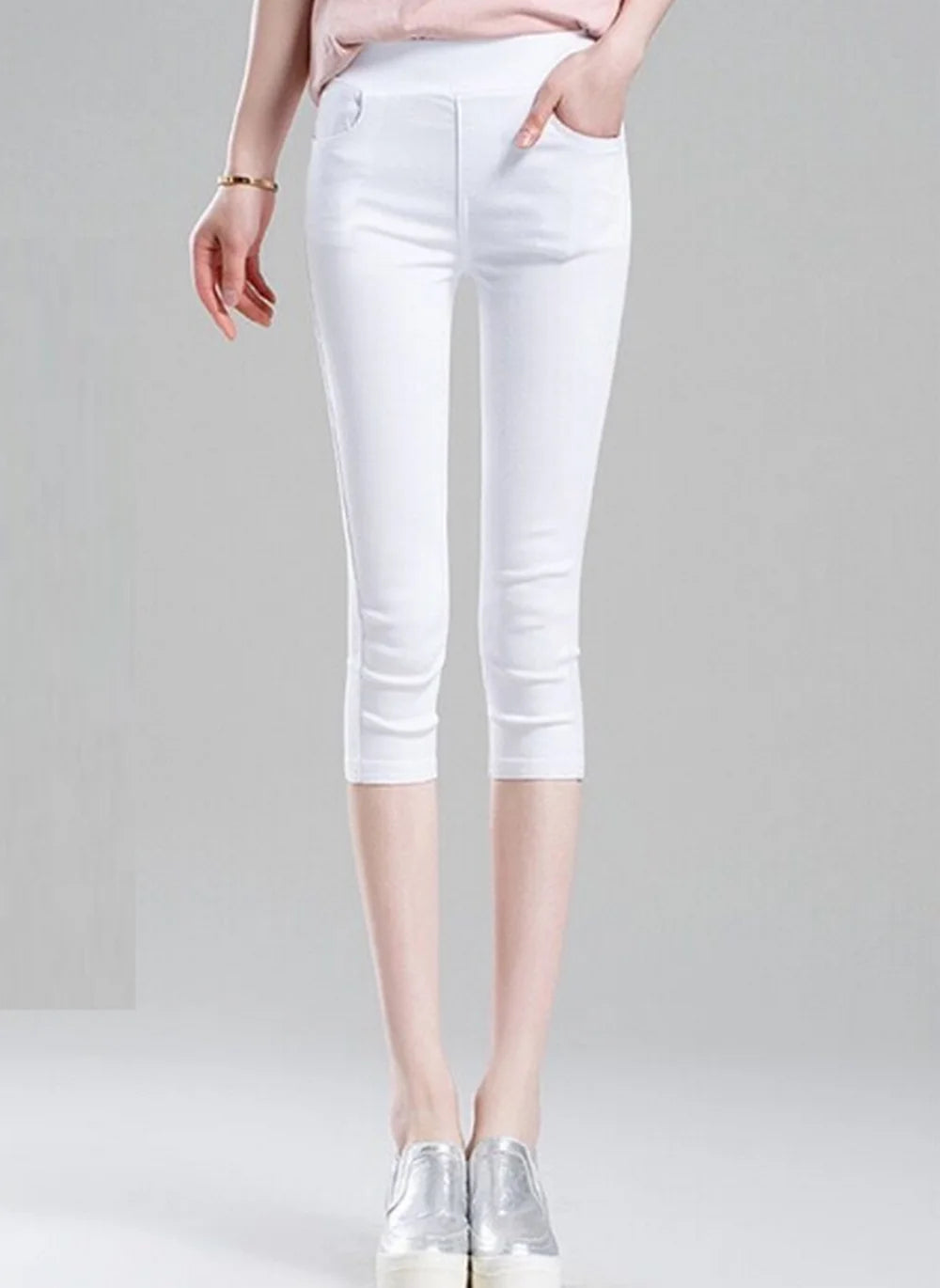 Women  Stretchy Capris Pants Elastic Waist Comfy Skinny Cropped Jeans Pants Button Front Casual Breathable