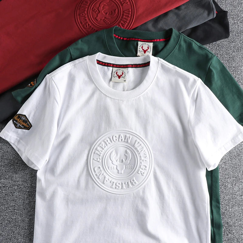 883# 2024 Summer New Japanese Retro Short Sleeve O-neck 3D Letter Printed T-shirt Men's Fashion 100% Cotton Washed Casual Tops