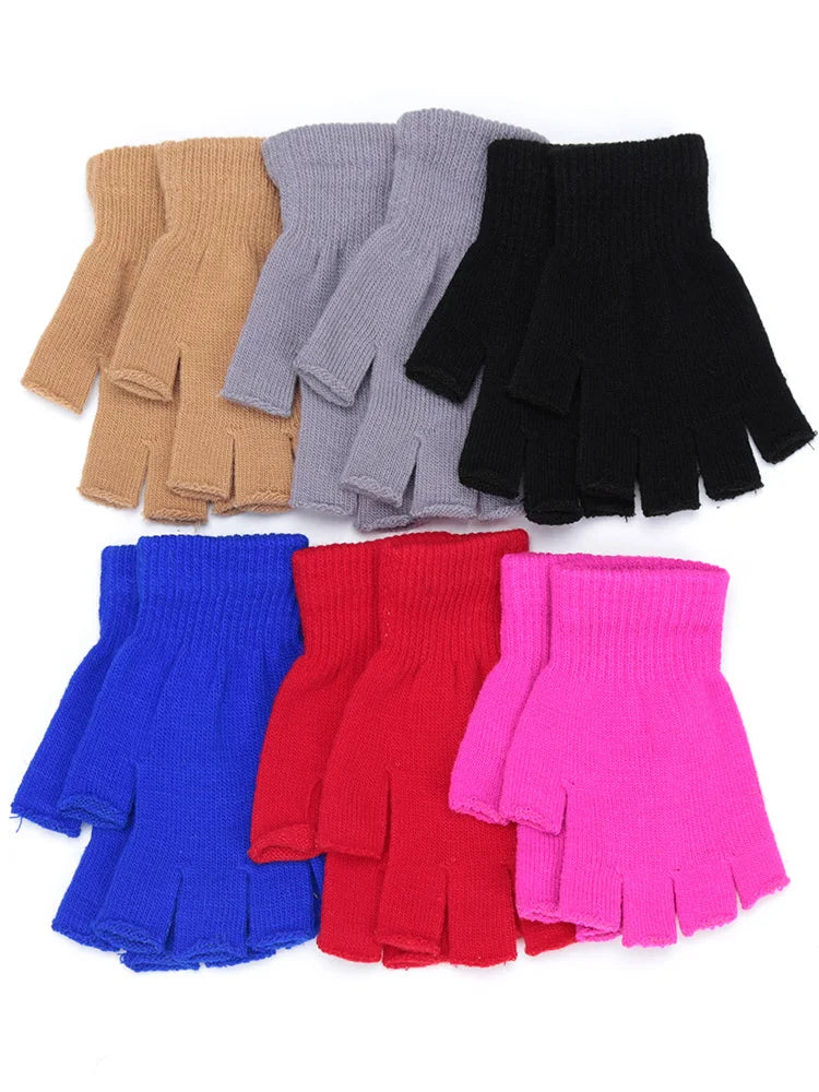 Unisex Black Half Finger Fingerless Gloves Wool Knit Cotton Winter Warm Work Mittens for Women And Men
