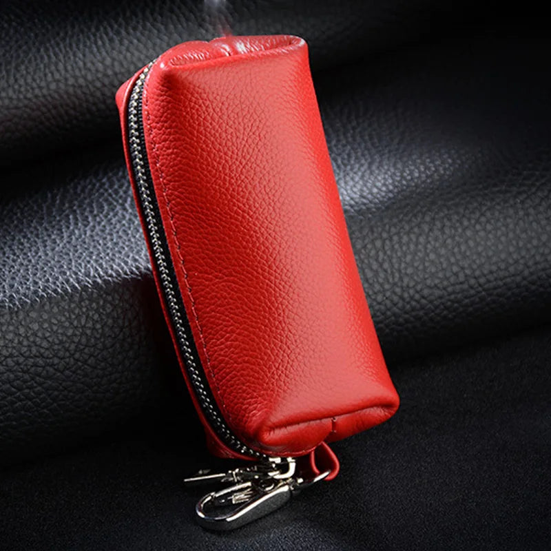 Genuine Leather Key Holder - Unisex Car/House Key Organizer Pouch with Long Keychain, Cow Split Leather Wallet Case
