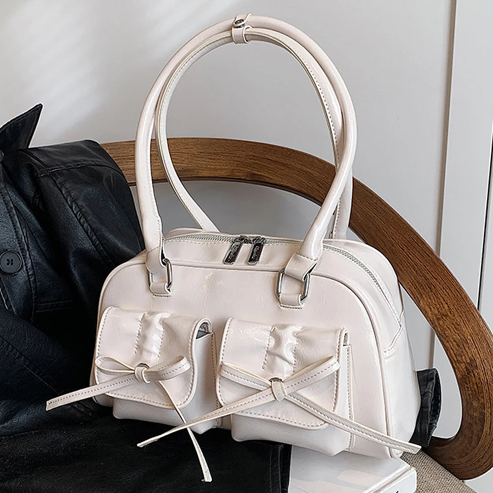Women Trendy Handbags Double Pockets PU Leather Fashion Shoulder Bag with Bow Stylish Underarm Bag Solid Color for Outdoor Party