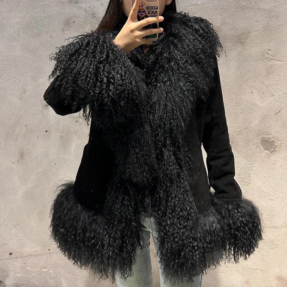 Black Suede Mongolian Sheep Fur Coat Women Fur Jacket with Long Sleeve New arrival Winter Real Fur Coat
