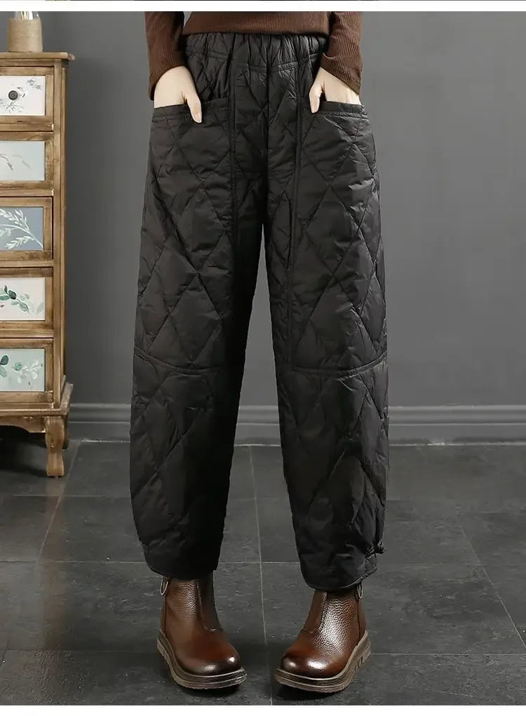 Vintage Quilted Pants Women Winter Warm Trouser Cotton-padded Pants Casual Design Pockets Elastic Waist Korean Chic Black Pants