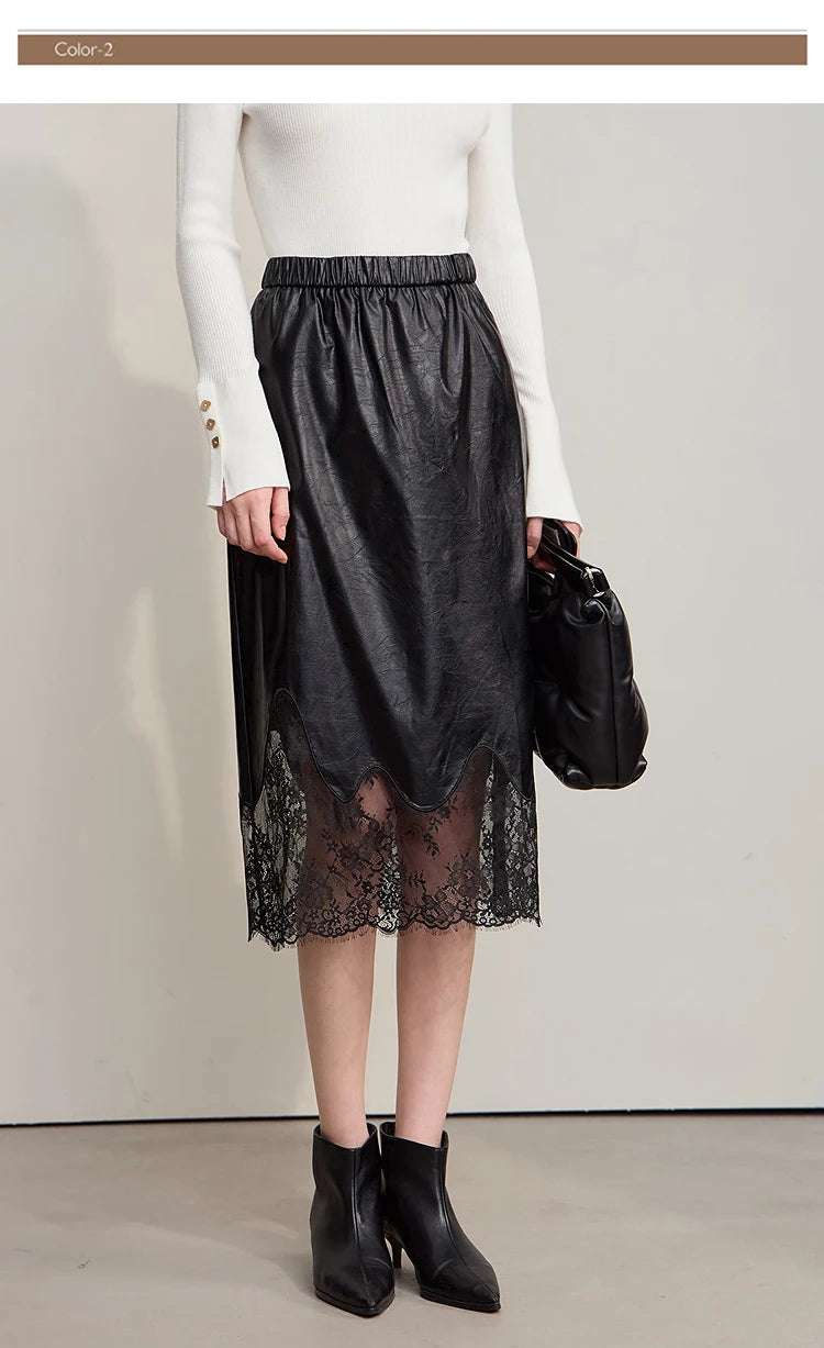 AMII Women's Skirt 2025 Autumn New Minimalist Versatile Clothing Ladies Leather Splicing Lace Solid A-line Midi Skirt 12543095