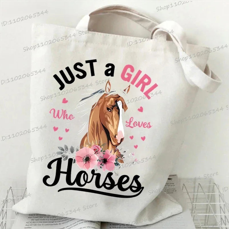 Women's Tote Bag Just A Girl Who Loves Horses Print Canvas Large Capacity Shopping Bags Horse and Flower Commuter Shoulder Bag