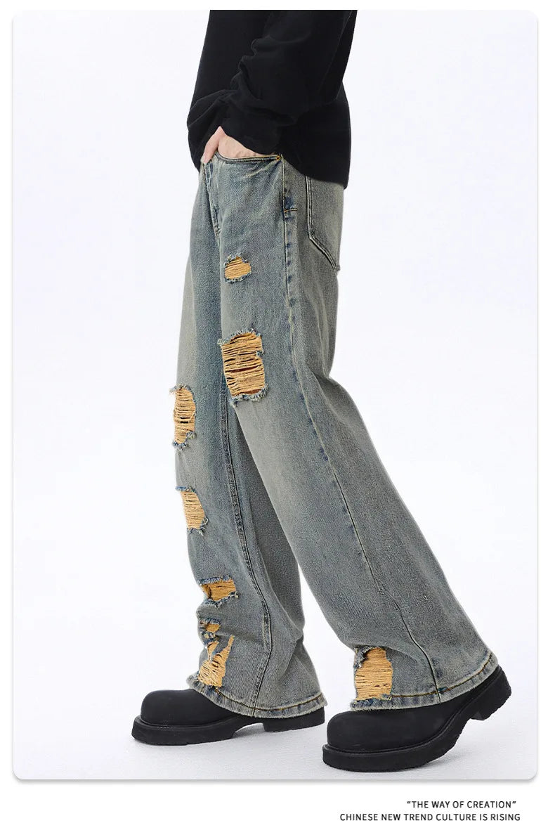 2025 Stylish Minimalistic Washed Ripped Denim Pants for Men Retro High Street Loose Wide Leg Pants for Spring and Autumn