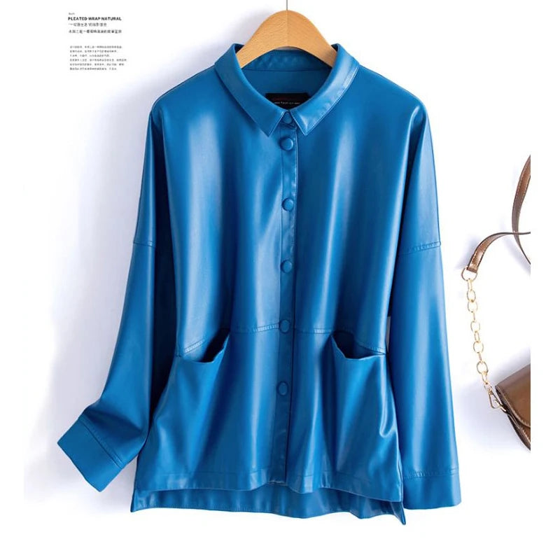 Sheepskin Leather Jacket Women Short Covered Button Pockets Coats Chic Office Ladies Split Sheep Leather Korean Loose Outwear