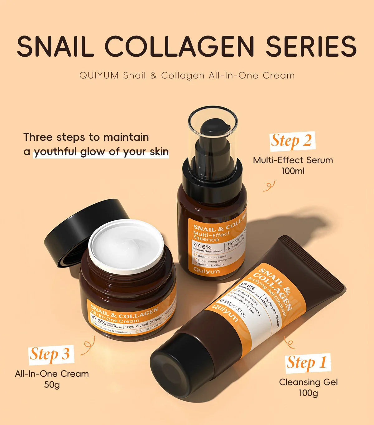 Quiyum 3 Step Set 97.5% Snail Mucin Collagen Hydrating Glowing Skin Korean Skincare