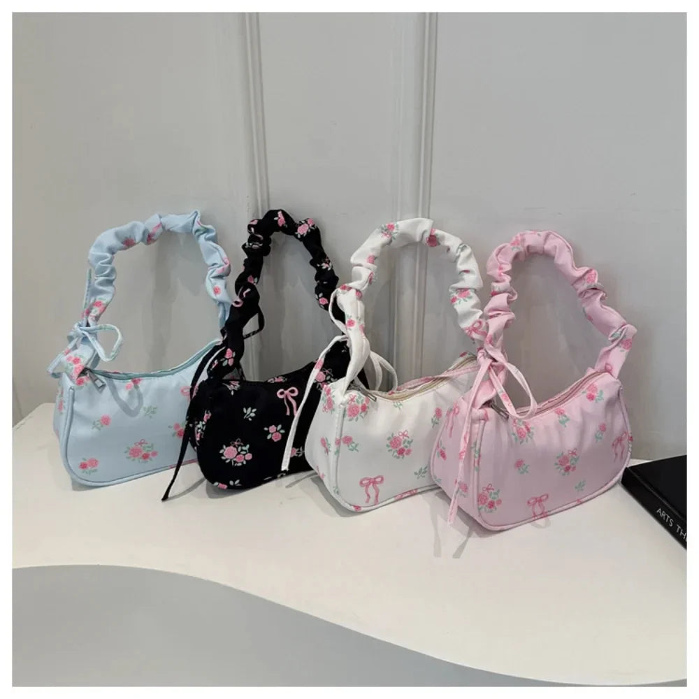 Women's Bag Summer Canvas Pleated Handlebags Armpit Bag Korean Floral Bow Printed Zipper Tote Bag Female Small Shoulder Bags