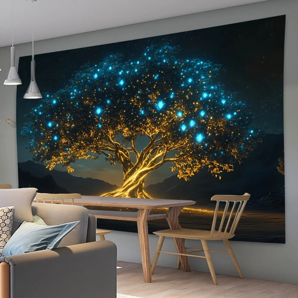 VIKAMA Enchanted Glowing Tree Tapestry Golden Trunk Living Room Sofa Backdrop Wall Decor Ins-Style Room Accent