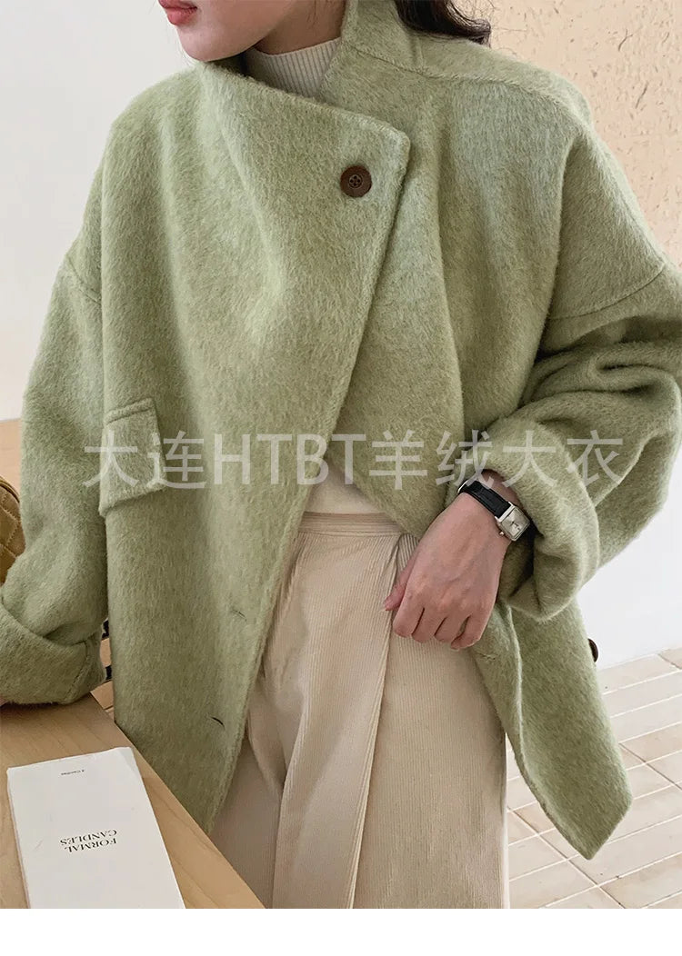 New Winter Short Woolen Coat Fashion Causal Warm Mulberry Silk Lapel Double-sided Wool Coat Loose Suit Jacket Female Tide Autumn