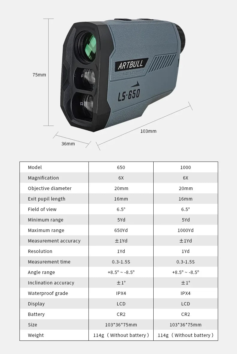 Golf Laser Rangefinder  650M Telescope with Flag-Lock Slope Pin Distance Meter for Hunting Monocular