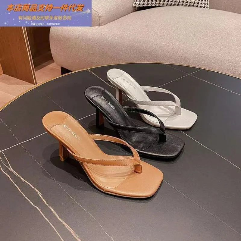 Fashion Heeled Sandals for Women Wearing Noble Slippers with Slim Heels and Legs,square Toe Sandal for Summer Sandalias De Mujer