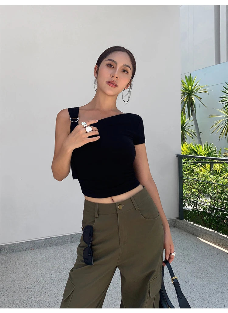 Women Tops Summer Sexy Off Shoulder Crop Tops Casual Female Sling T-shirt Short Sleeved Elastic Fashion White Tees Slash Neck